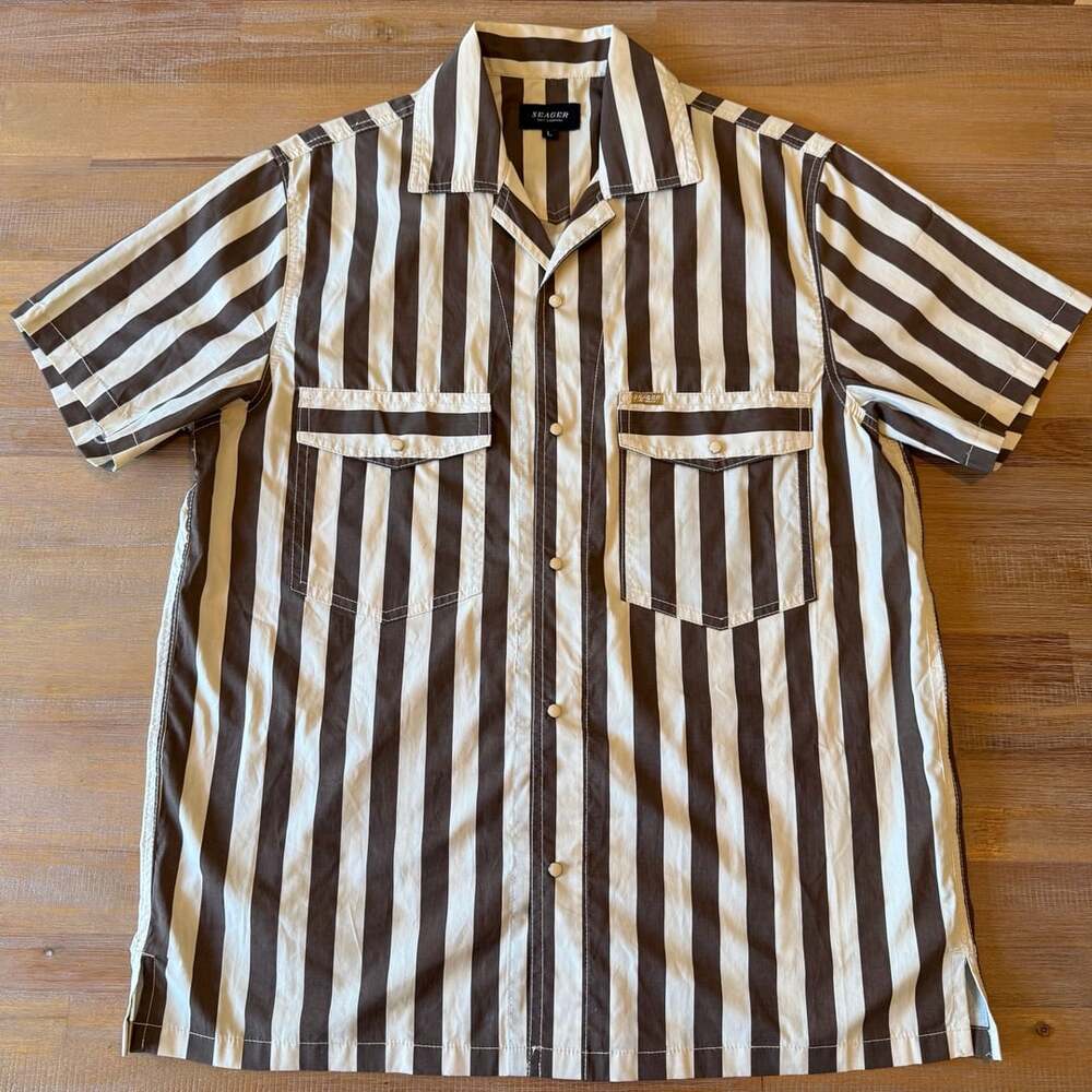 Seager Co. Brown and Cream Vertical Striped Short Sleeve Camp Shirt Men's Large